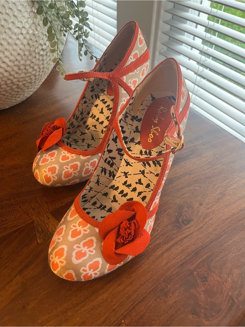 Ruby Shoo Tangerine & Beige Mary Jane Heels | Mid-Century–Botanical Motif | EU